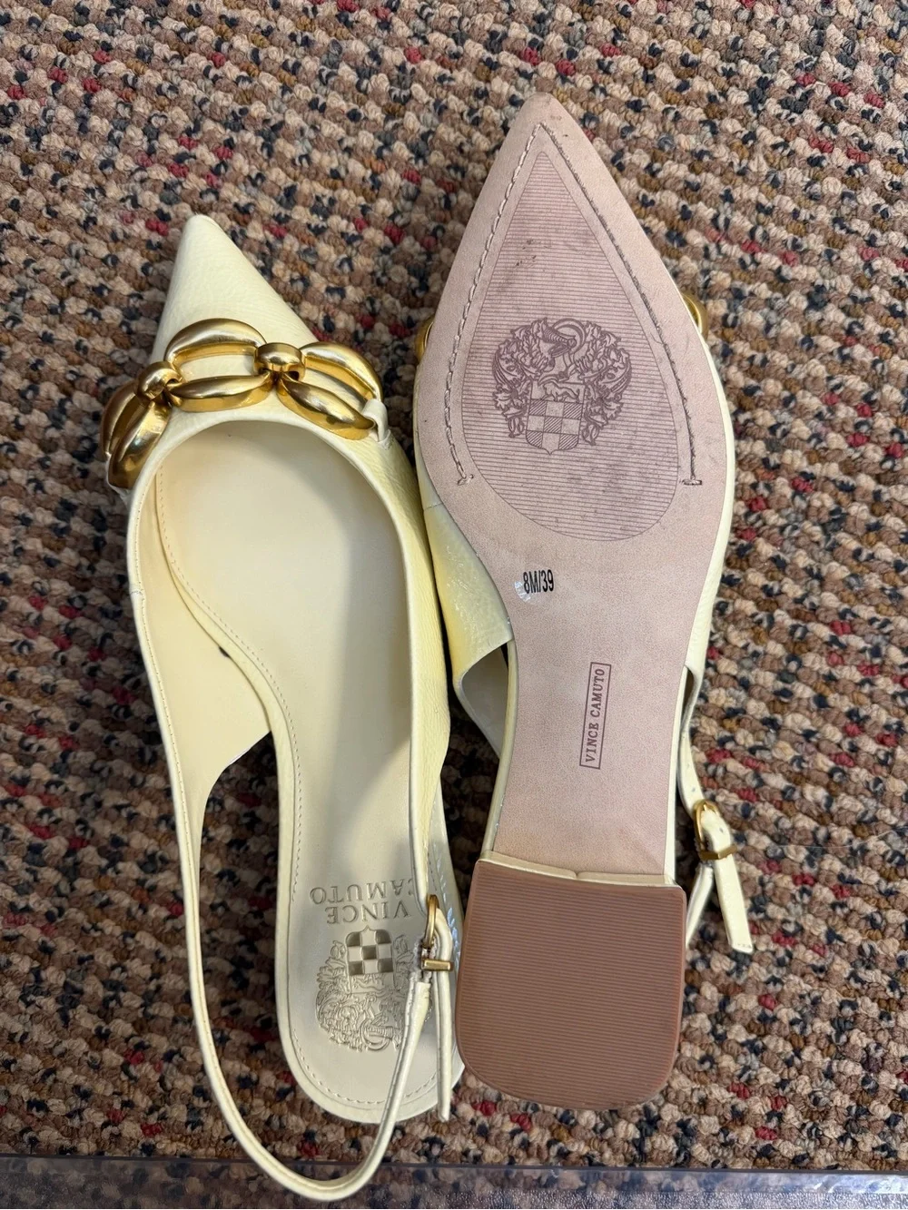 Vince Camuto Cream Pointed Toe Slingback Flats with Gold Chain